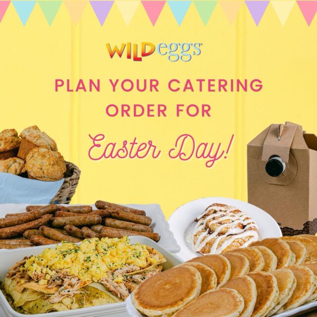 Time to plan Easter brunch! Cater with Wild Eggs and enjoy a relaxing experience with your loved ones. We offer a stress-free brunch experience with delivery or pick-up available on all catering orders.

Not sure what to order? We highly recommend our BYOB “Build Your Own Breakfast” that lets you mix and match breakfast staples including scrambled eggs, bacon, sausage, hashbrown casserole, muffins, pancakes, and biscuits & gravy.

Looking to wow your guests? Try our Signature Creations like the Wild Mushroom & Roasted Garlic Scramble or French Toast Casserole. Every bunny will be wild about it! Schedule your order now at www.wildeggs.com/catering/
