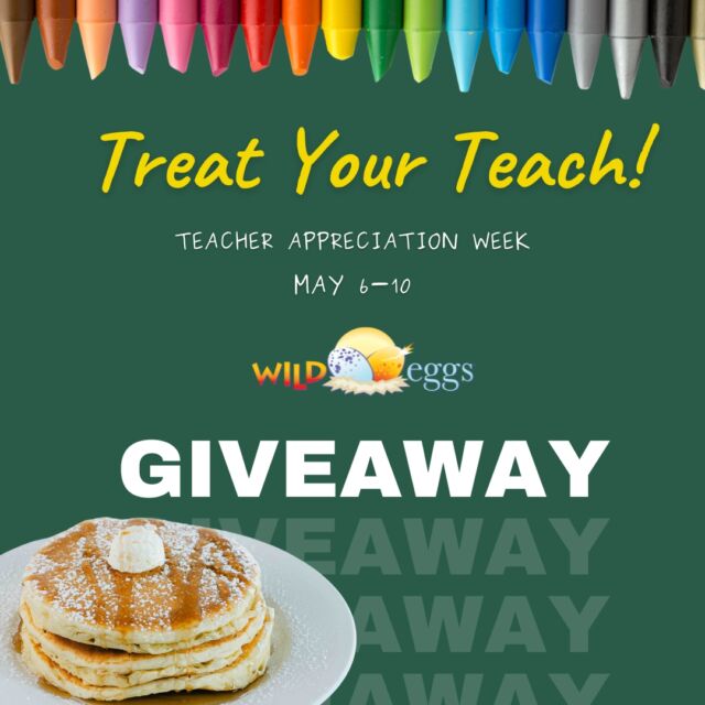 GIVEAWAY TIME! 📚🍎☕️ Wild Eggs is WILD about our local egg-ucators! Do you know a deserving teacher who goes above and beyond? We want to treat them! Nominate your favorite teacher for our “Treat Your Teach” giveaway. We’ll choose 1 winner from each of our (5) Wild Eggs' markets:
(1) Bowling Green, KY 
(2) Lexington, KY 
(3) Louisville, KY / Southern IN (Kentuckiana) 
(4) Indianapolis, IN 
(5) Cincinnati, OH. 
The winning teachers will get a basket worth almost $500! This bundle includes a $100 gift card to Wild Eggs, a $100 Amazon gift card to purchase school supplies for their classroom, and a Wild Eggs cooler with Wild Eggs swag (a blueberry pancake candle, pickleball set, tumbler, and muffins for their classroom).

To enter, follow these rules:

🥚Like this post
🥚Tag your favorite teacher in the comments and tell us what makes them egg-ceptional! Please include their full name and school/area you’re nominating them for (i.e. Mr. Terry Robinson, School Name, Lexington KY). If your deserving teacher doesn’t have social media, tag another parent who wants to nominate the teacher with you! 
🥚The deadline for submissions is Friday, May 10, at 11:59 p.m.

We’ll notify the winners the week of May 13. Thank you, teachers, for all you do! #TeacherAppreciationWeek
