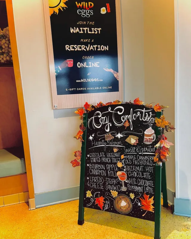 Join us for the first weekend of our Cozy Comforts menu and treat yourself to the Chocolate Hazelnut Stuffed French Toast. Book your reservation online today!
(🍁🍳Sign art by Alyssa at Wild Eggs Dupont)