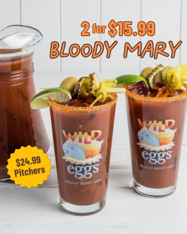 Dry January is over. Brunch is bloody back 🍅✨ Start with a Bloody Mary, add Biscuits & Gravy, and don't forget our full lineup of brunch drink specials. Book your reservation today at any of our locations in KY, IN, and OH! 

BRUNCH DRINK SPECIALS:
2 for $15.99 Bloody Marys
$24.99 Bloody Mary Pitchers
2 for $13.99 Mimosas
$24.99 Pitchers Mimosa Pitchers
(All Flavors)

Reserve your table at wildeggs.com
#StayWild #BrunchDrinkSpecials #BloodyMary